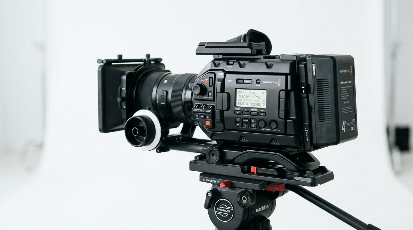 Close-up of a Blackmagic Design cinema camera on a professional tripod in a bright white studio