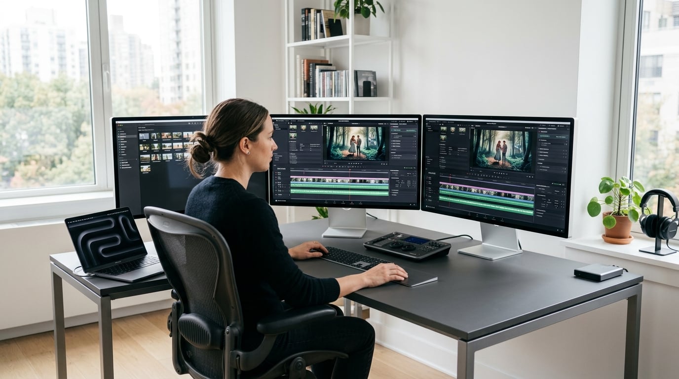 Clean, bright control and edit suite with monitors showing AI editing timelines