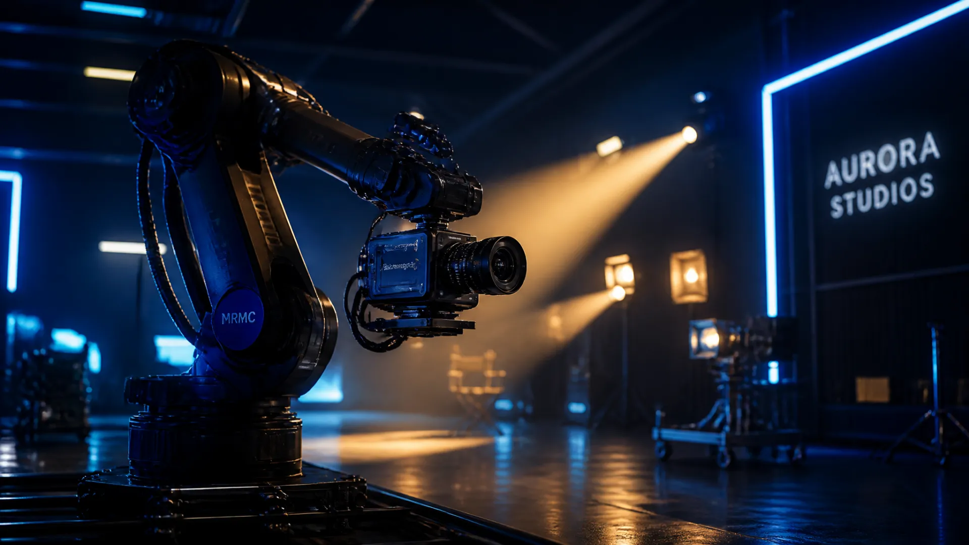 Automated AI film studio with a robotic arm holding a cinema camera