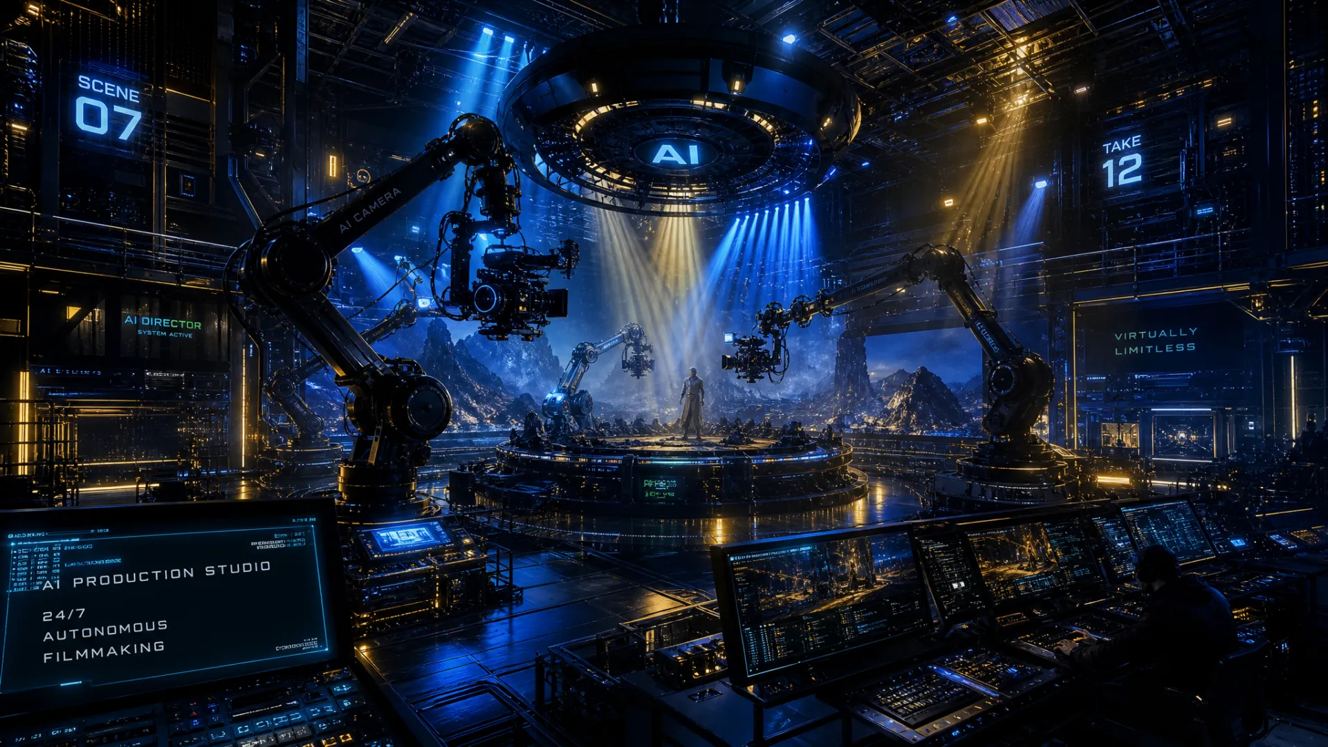 A fully automated AI film studio with multiple robotic camera arms working around a set